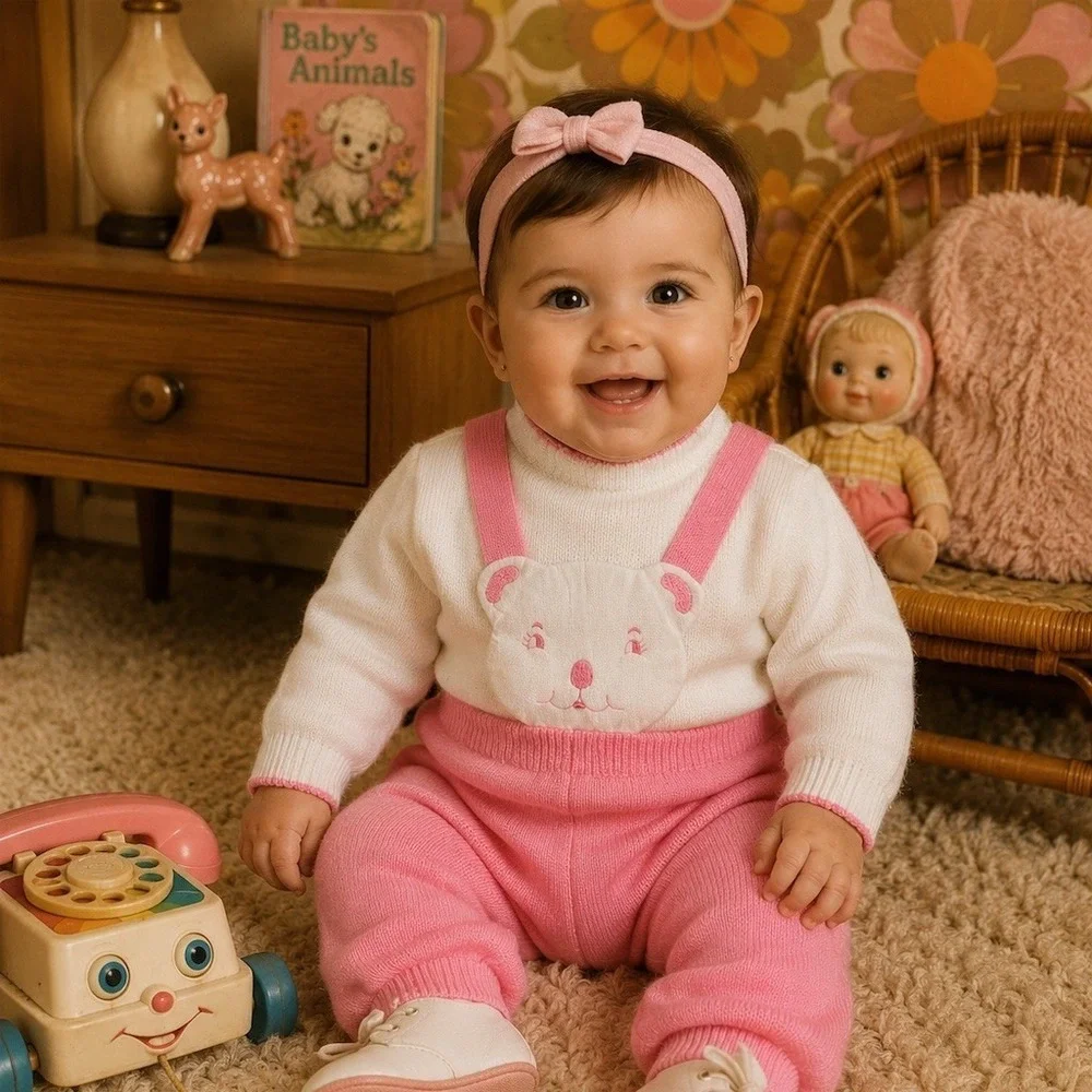 Vintage 1970s Baby Knit Outfit Girl Pink Bunny Suspender Pants Set Size 6-9M NOS
